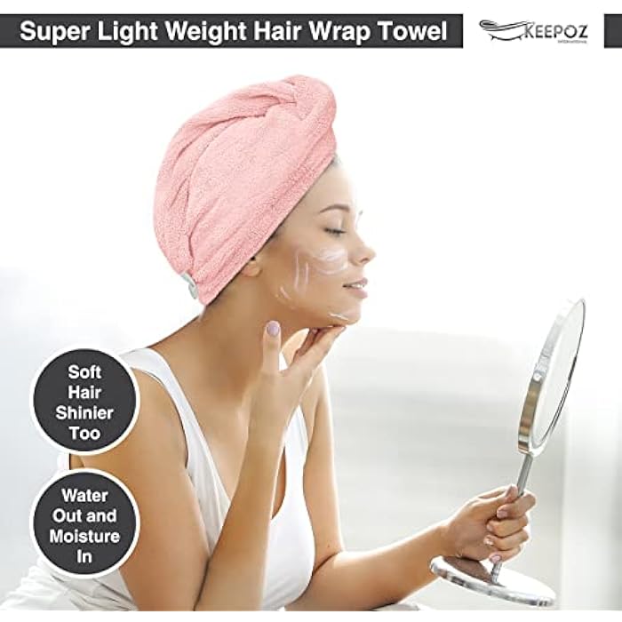 KEEPOZ Zero Twist 100% Cotton Hair Towel Wrap, Terrycloth Hair Turban Rapid Drying Towel for Hair with Button, Anti Frizz Hair Towel with Elastic Strap, Cap for Long & Thick Hair (Pink) - Image 3